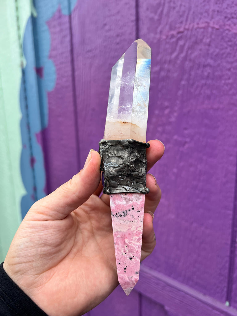 Rhodochrosite and Lemurian Quartz wand spiritual energywork tool