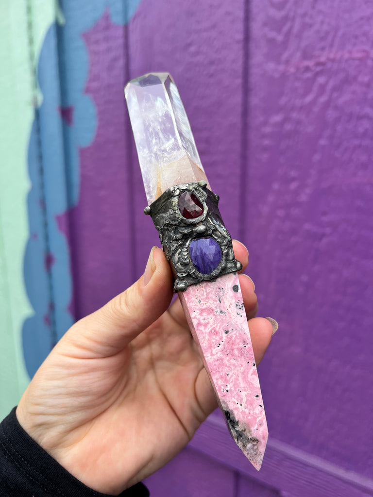 Rhodochrosite and Lemurian Quartz wand spiritual energywork tool