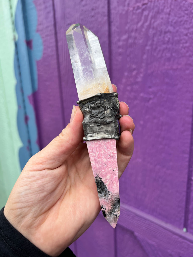 Rhodochrosite and Lemurian Quartz wand spiritual energywork tool