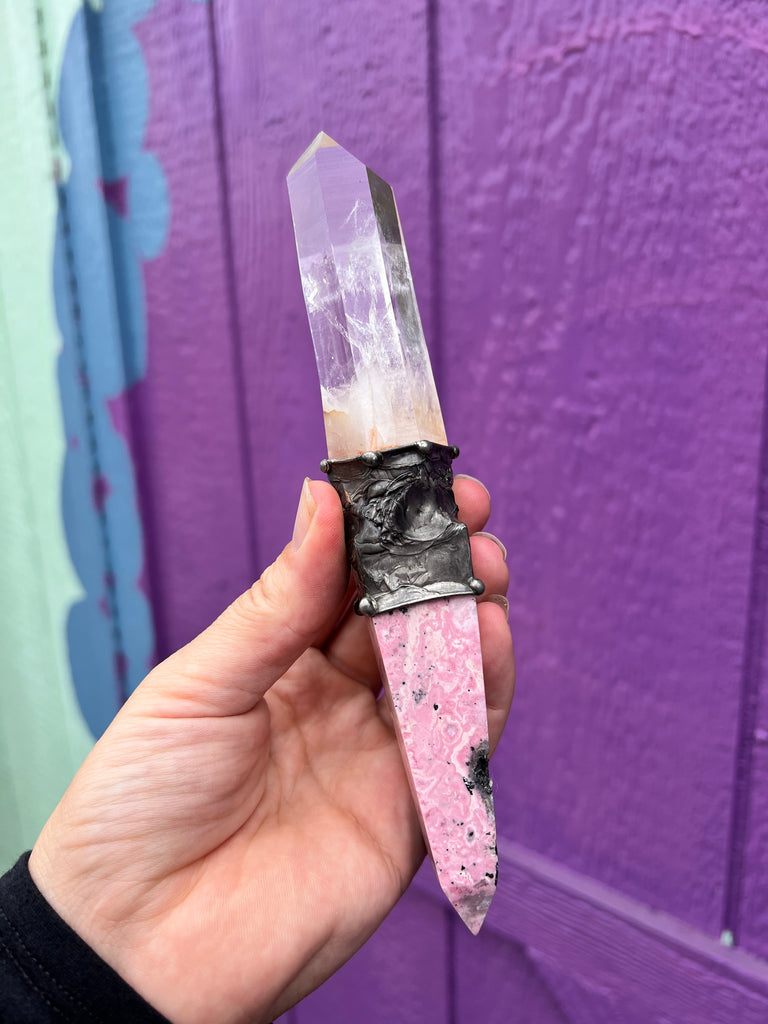 Rhodochrosite and Lemurian Quartz wand spiritual energywork tool